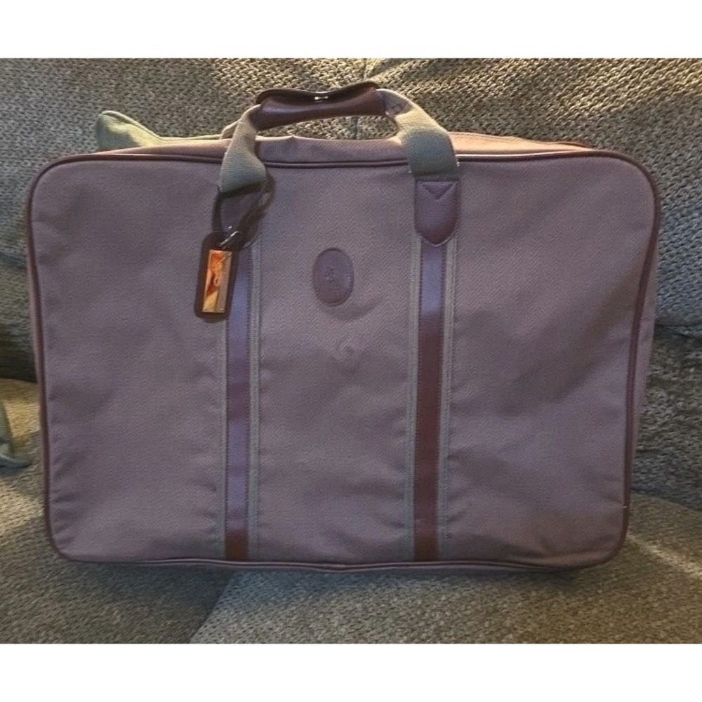 Polo Ralph Lauren Herringbone Garment Bag Brown Canvas Leather Trim Vintage